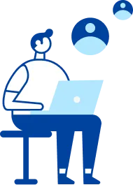 ノートパソコンを操作する人物が椅子に座って考え事をしているイラスト