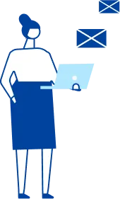 上部にはメールのアイコンが3つ浮かび、送受信の様子を表現しているイラスト