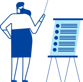 プレゼン用ボードを指し示しながら説明している人物のイラスト