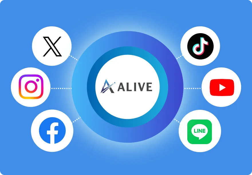 中央に「ALIVE」と書かれたロゴがあり、周囲に主要SNSのロゴが配置された図